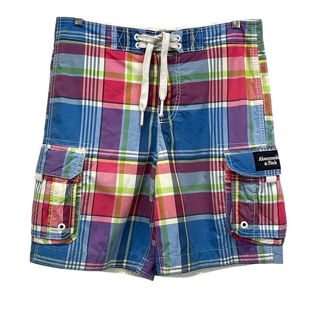 Abercrombie Fitch Cargo Tugger Board Shorts Men's M Multicolor Plaid Swim Trunk